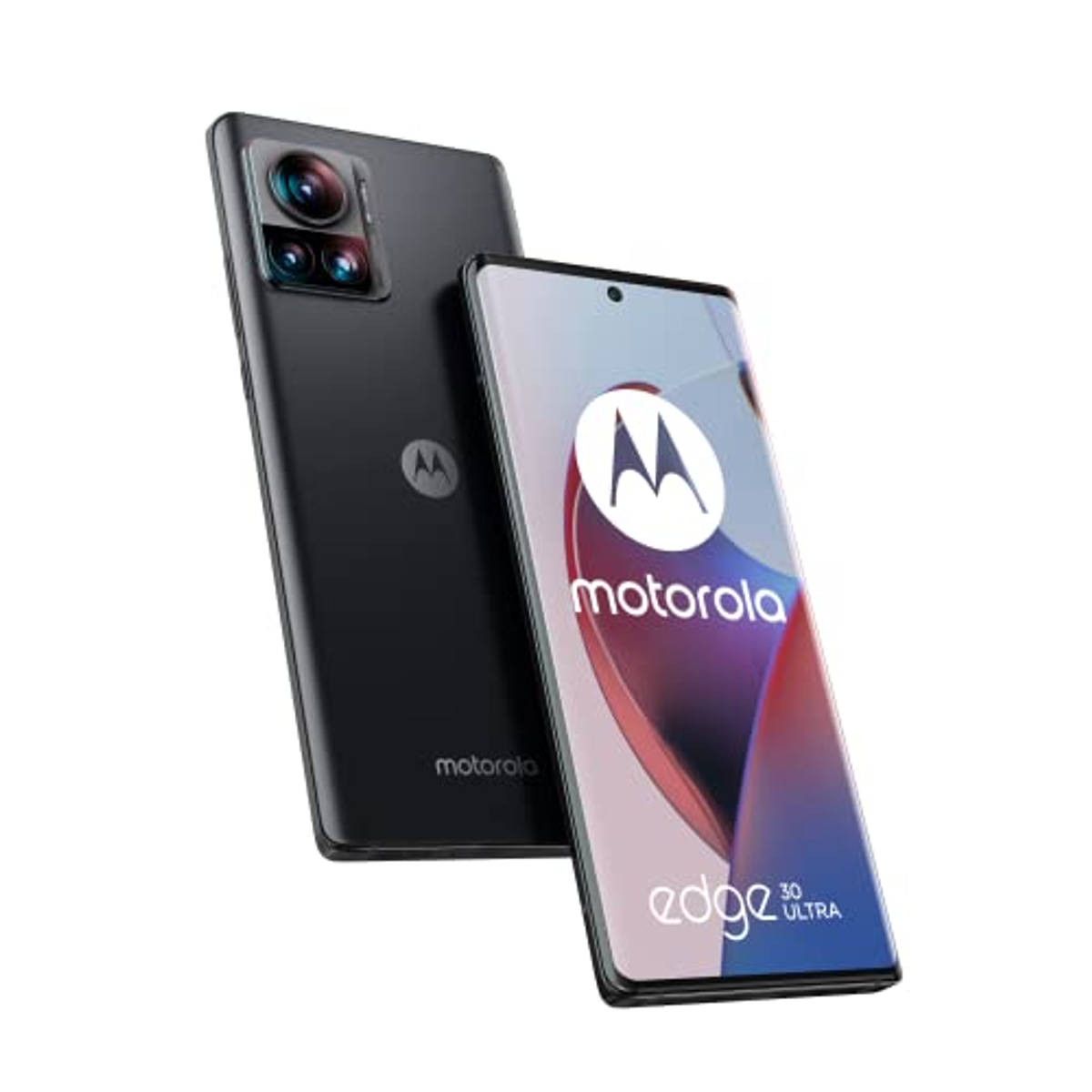 Zwarte en zilveren Motorola telefoon, twee telefoons tonen voor- en achterkant, op een witte achtergrond.