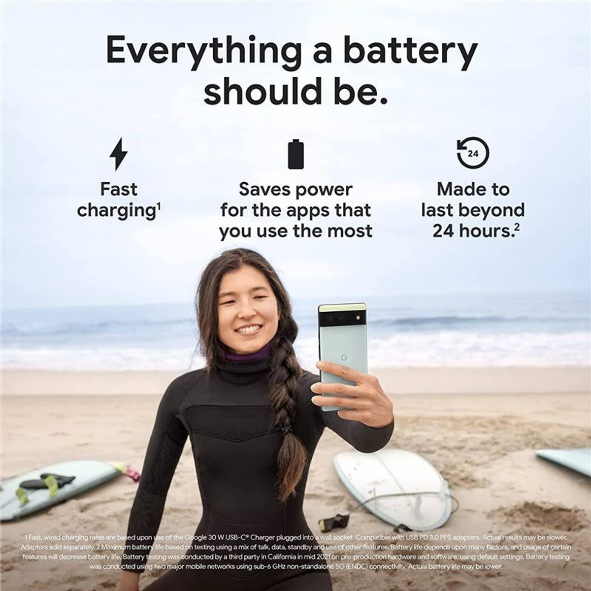 Kobieta w piankowym stroju trzyma telefon Google Pixel z tekstem o baterii.