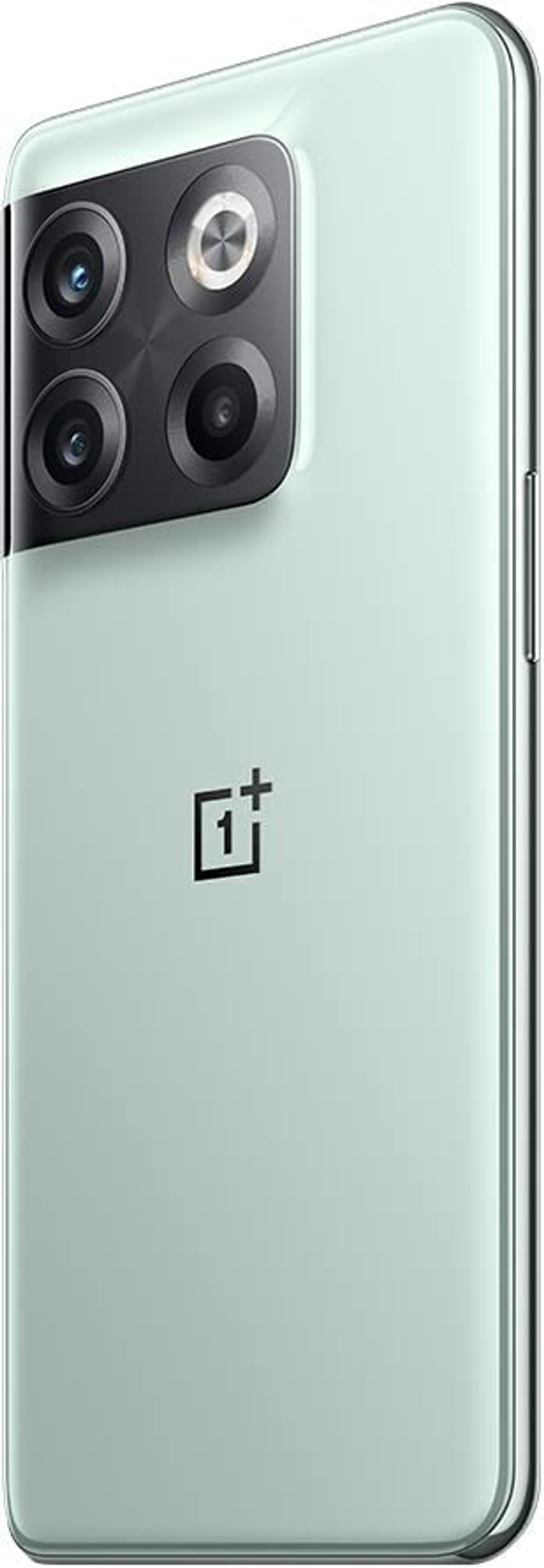 Een mintgroene Oneplus 10T smartphone. Toont de achterkant met cameralenzen en Oneplus logo.
