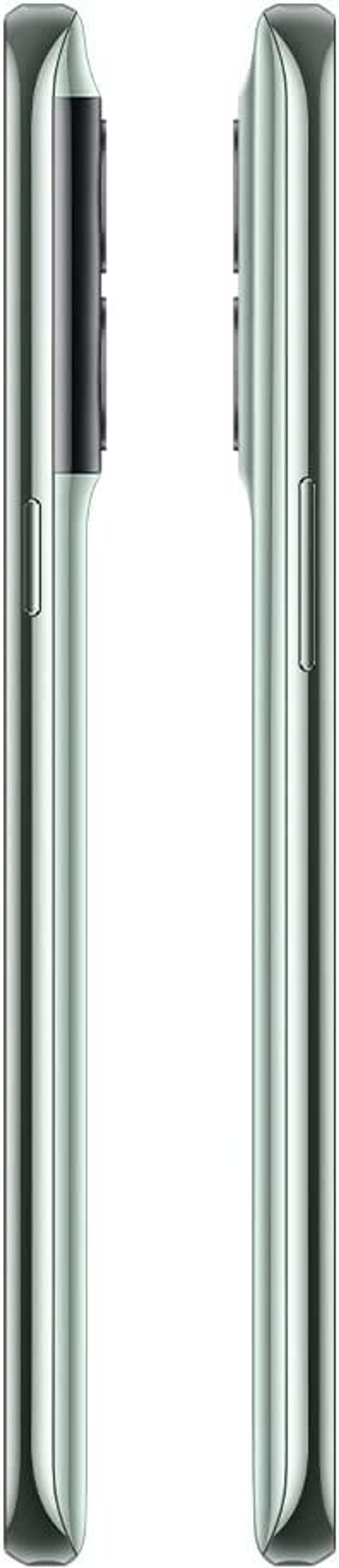 Zijaanzicht van een lichtgroene telefoon, met zwarte camerabult en knoppen.