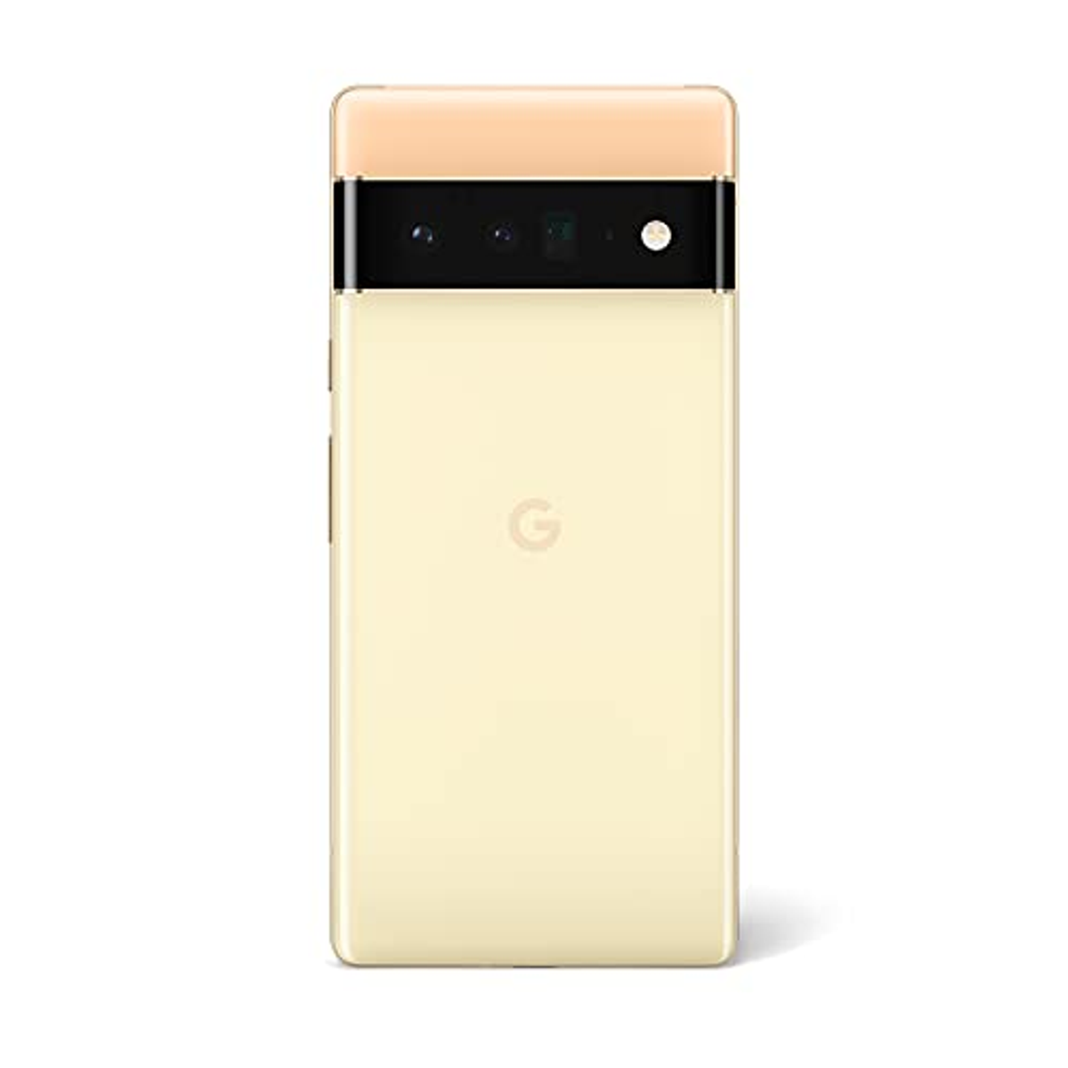 Ein Telefon mit hellbeigem Rücken, schwarzer Kameraleiste und beigem Oberteil. Das Google 'G' -Logo befindet sich in der Mitte.