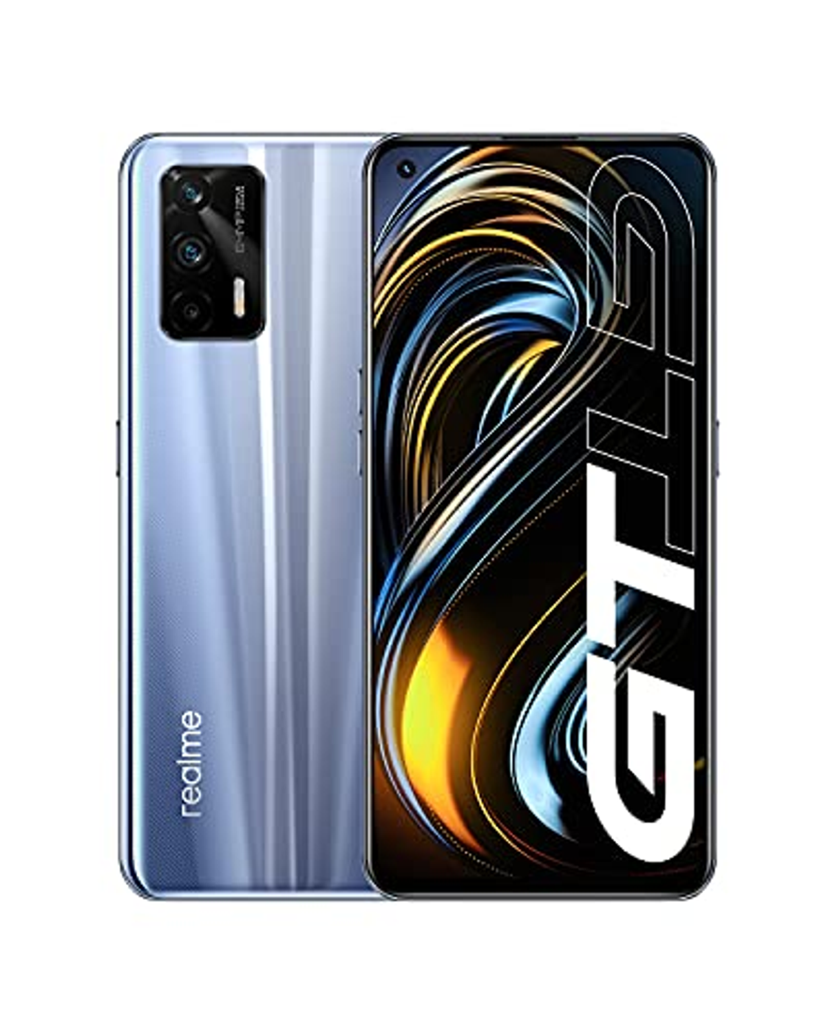 Retro di uno smartphone Realme GT azzurro, mostra fotocamera e logo Realme.
