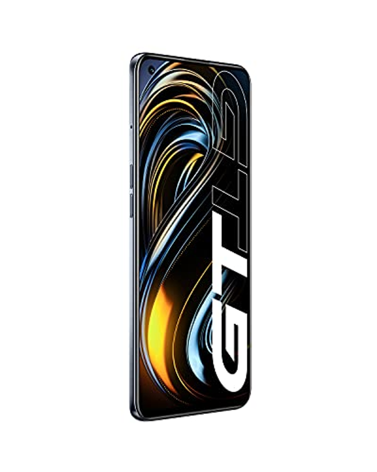 Smartphone nero, schermo che mostra il logo GT, tenuto verticalmente.