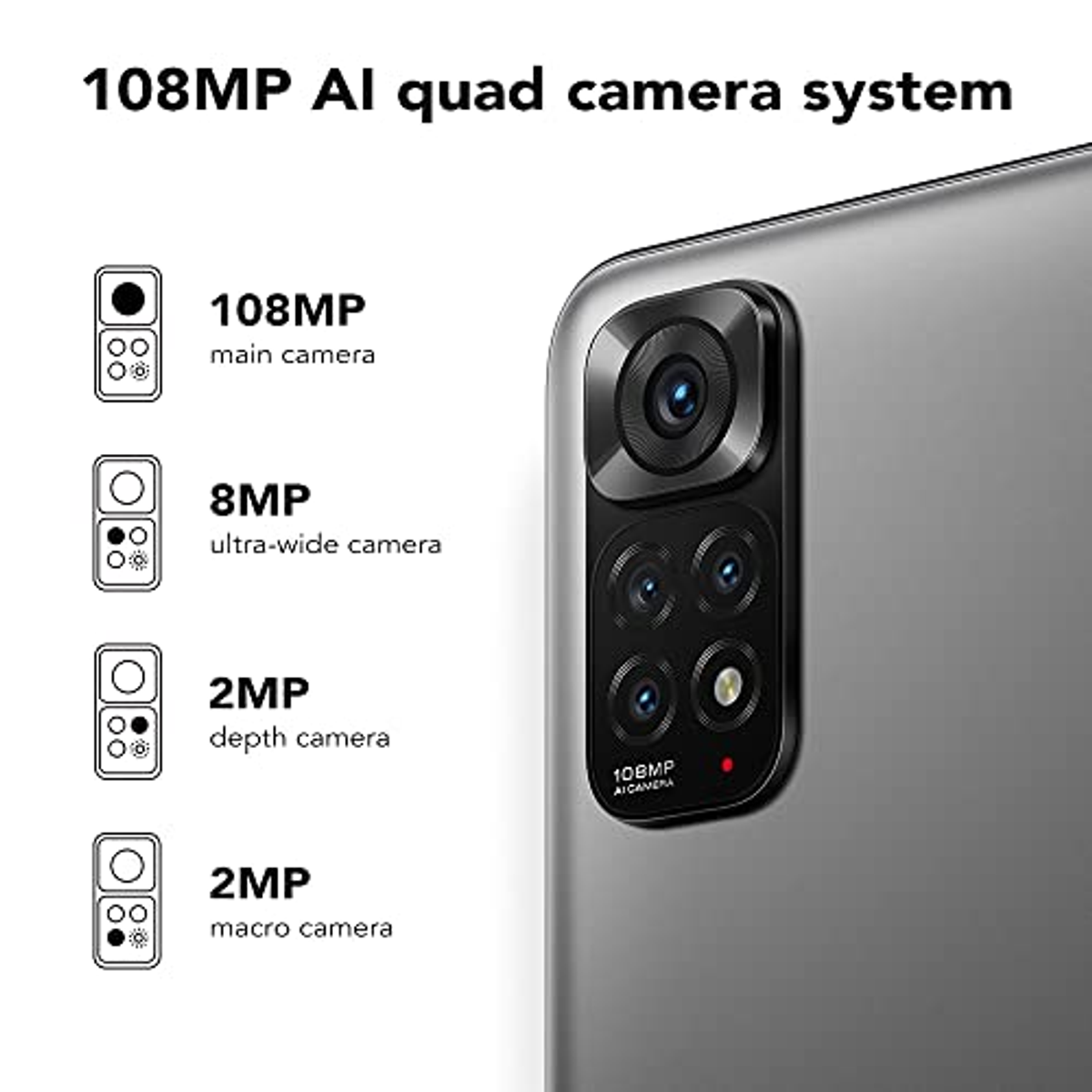 Primo piano della parte posteriore di un telefono con 4 fotocamere. Mostra le specifiche della fotocamera e il colore del telefono.