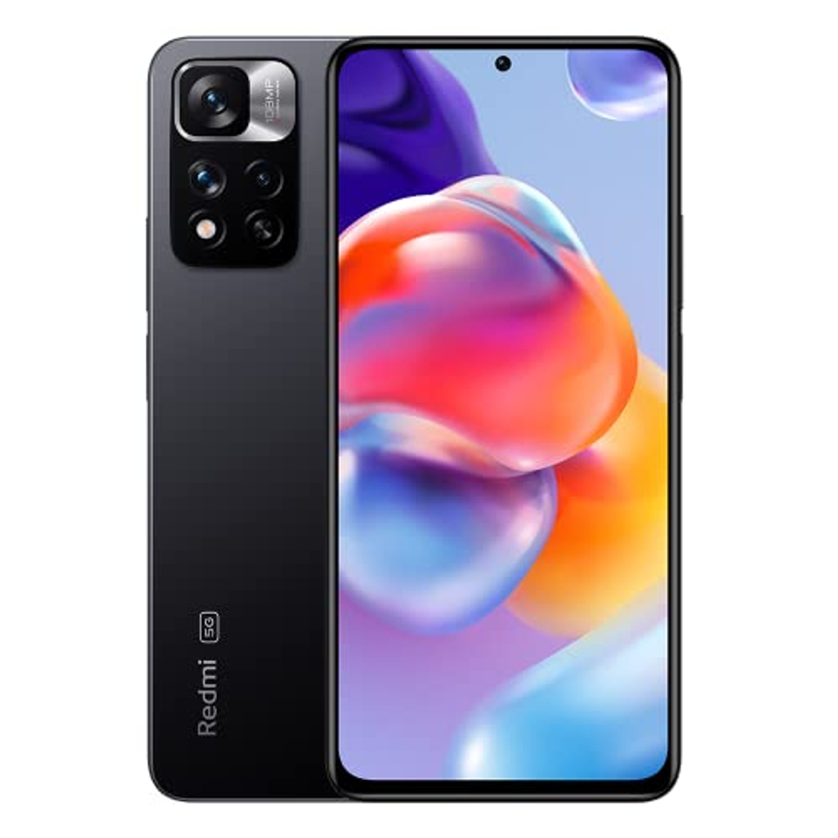Ein schwarzes Redmi 5G Telefon, Vorder- und Rückseite, auf weißem Hintergrund.