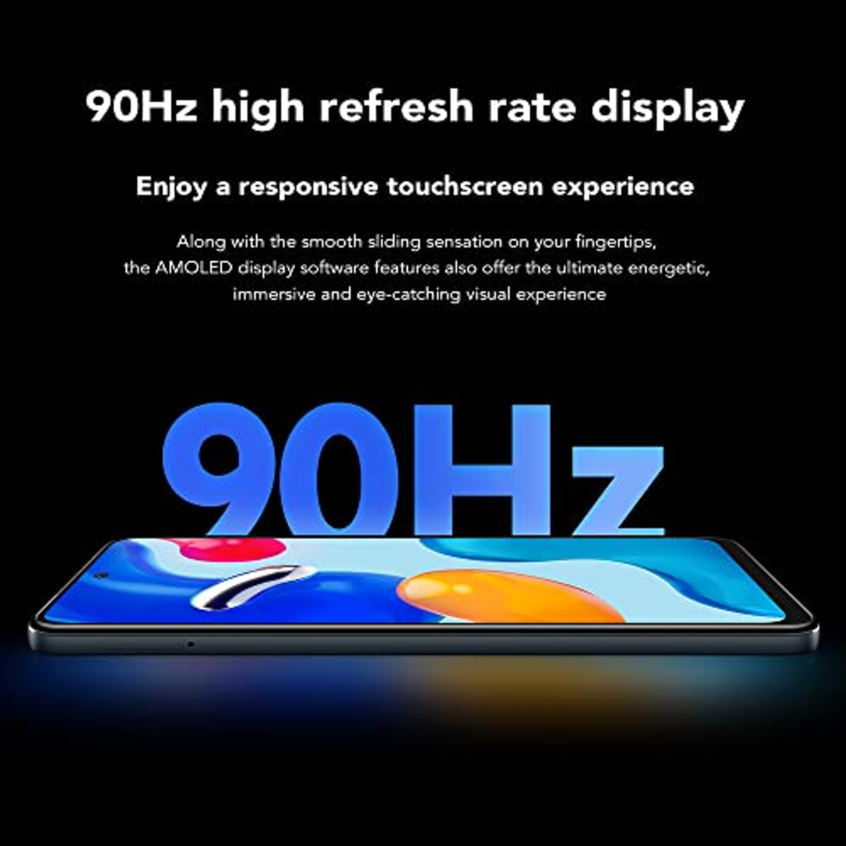 Schermo del telefono, display con frequenza di aggiornamento a 90Hz, testo blu sullo schermo.
