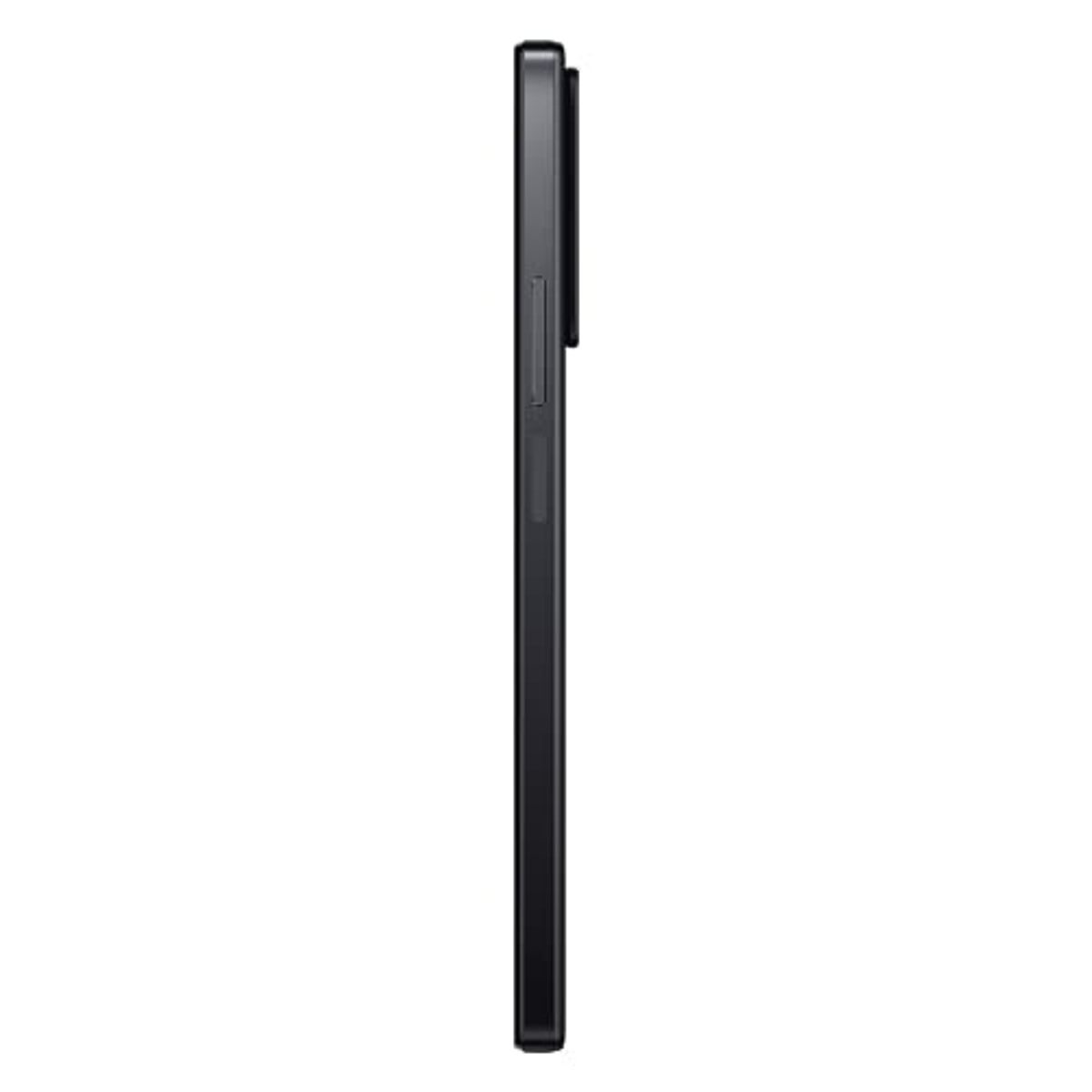 Seitenansicht eines schwarzen Smartphones auf weißem Hintergrund. Das Telefon ist schlicht.