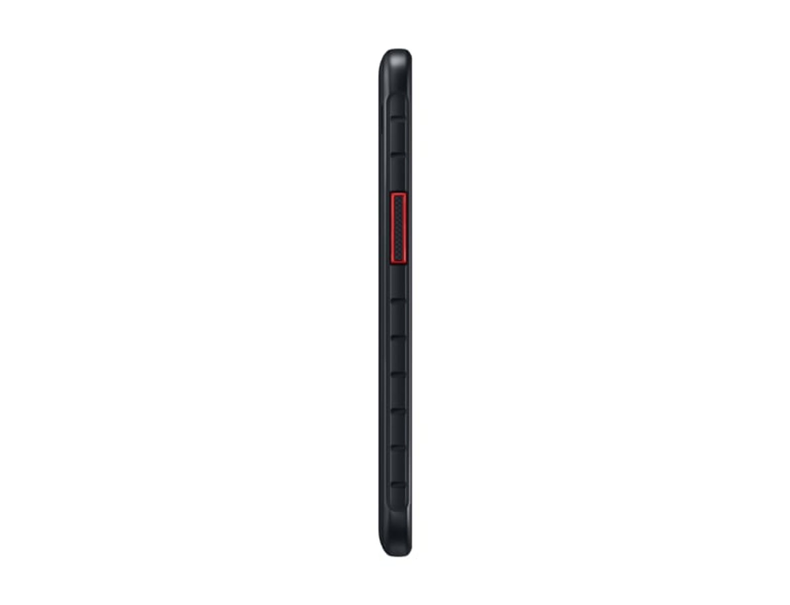 Funda de teléfono negra con botón rojo lateral, diseño sencillo, fondo blanco.