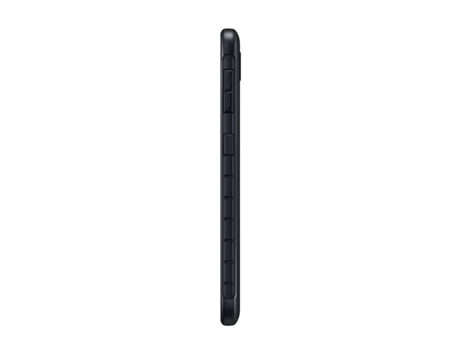 Vista lateral de una funda negra para teléfono con botones y superficie texturizada.