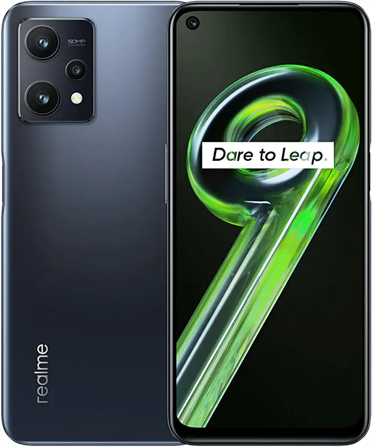 Telefon Realme 9 Pro Plus, widok z tyłu i z przodu. Czarny, z zielonymi akcentami. Białe tło.