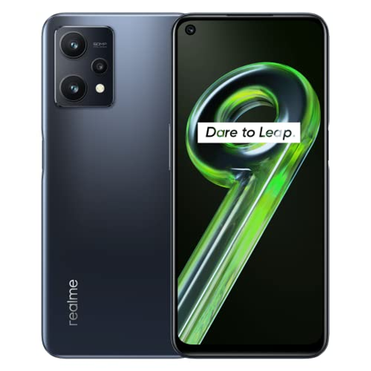 Czarny i szary telefon Realme 9, widok z tyłu i z przodu. Czarne tło.