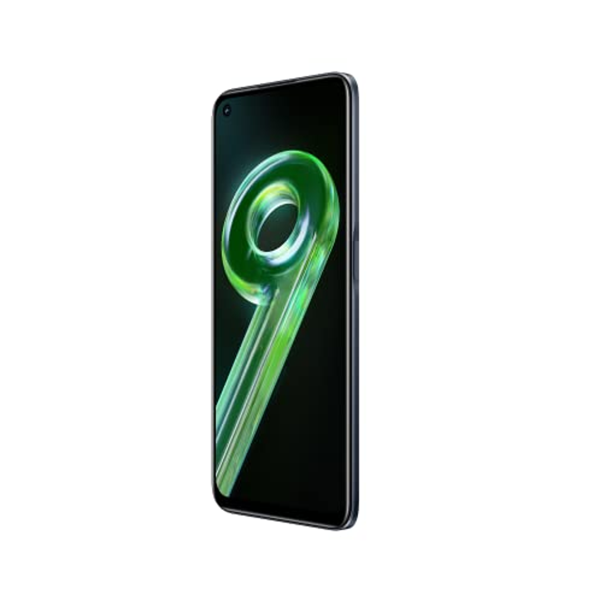 Telefon z zieloną stylizowaną „9” na ekranie, białe tło.