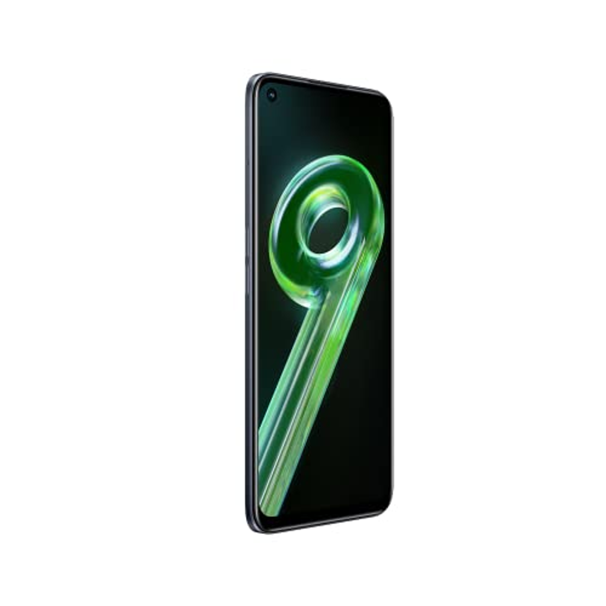 Czarny telefon Realme 9, pod kątem. Ekran wyświetla dużą, zieloną cyfrę '9' na czarnym tle.