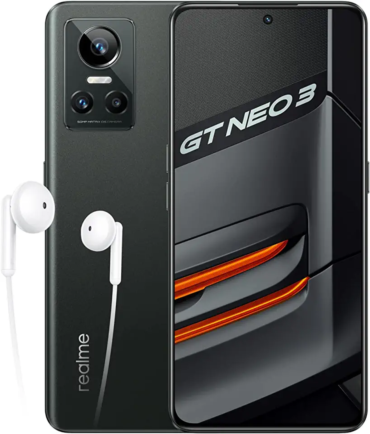 Schwarzes Smartphone mit Kopfhörern. Verfügt über eine Dreifachkamera und einen Bildschirm mit 'GT NEO 3'.