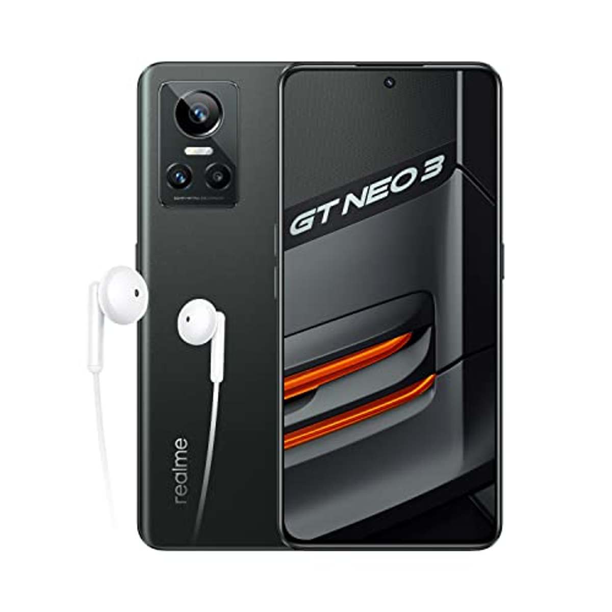 Ein schwarzes Smartphone mit Rückkamera und weißen Ohrhörern links.
