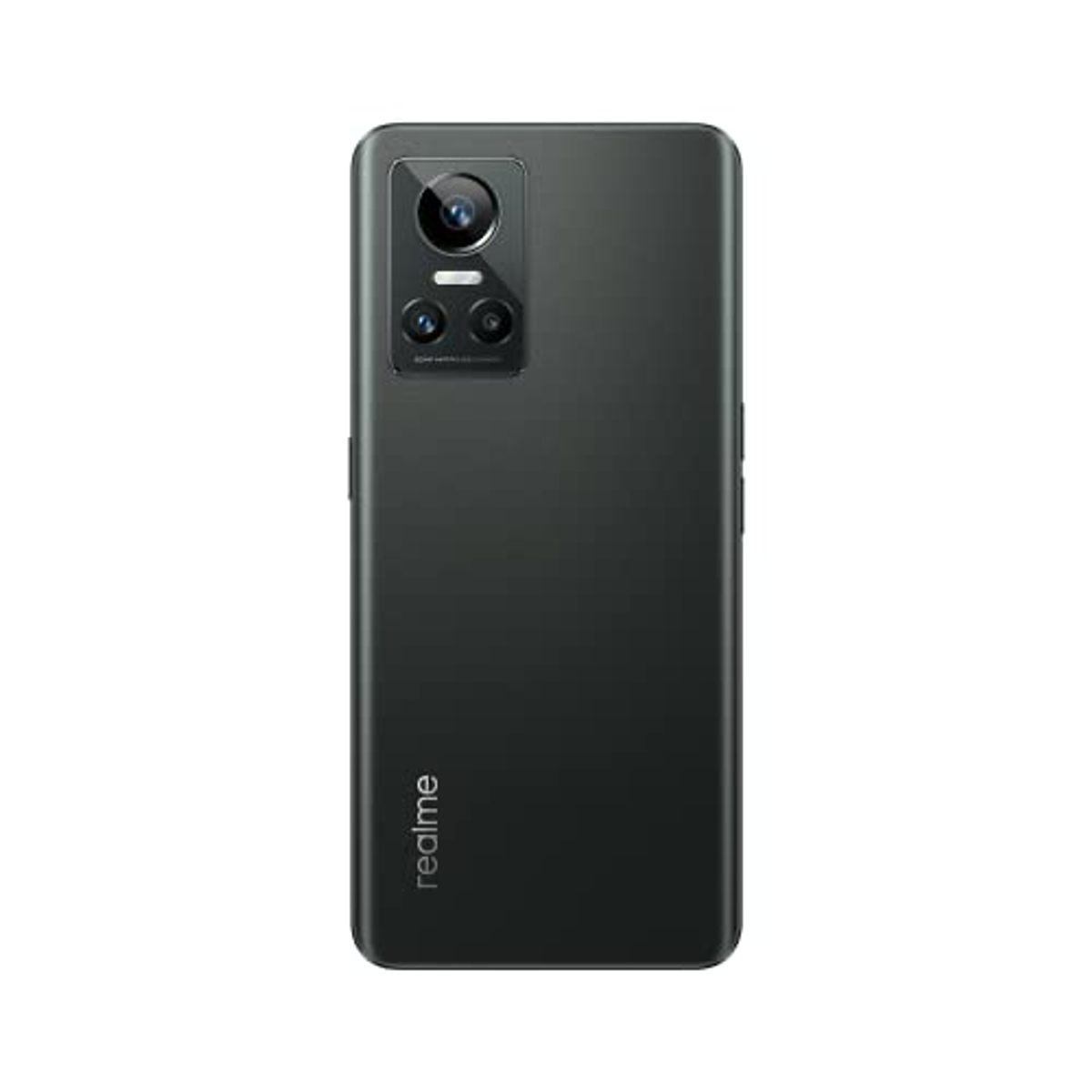 Schwarzes Realme Smartphone, Rückansicht. Mit Kameramodul und Realme Logo.