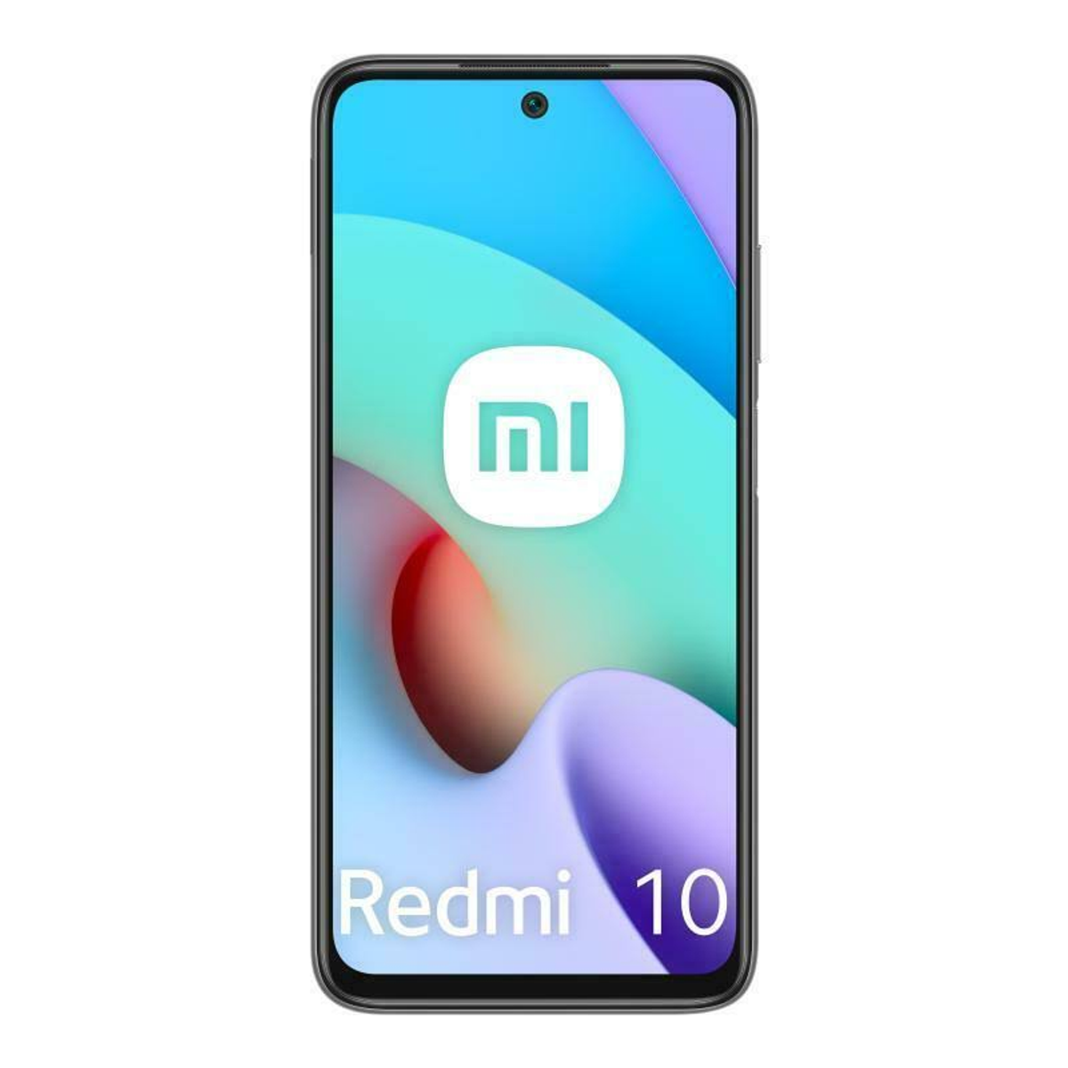 Czarny telefon Redmi 10 z niebiesko-fioletowym gradientem tapety i logo marki.