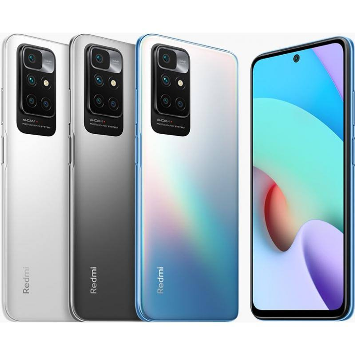 Cztery smartfony, różne kolory. Biały, szary i niebieski z aparatami.