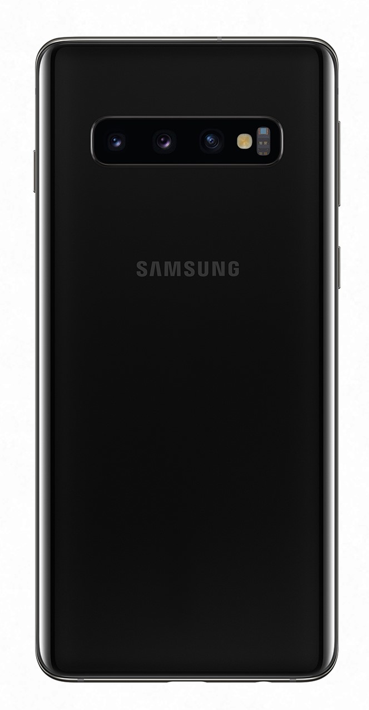 Czarny tył telefonu Samsung. Widoczny potrójny aparat, lampa błyskowa i logo Samsung.