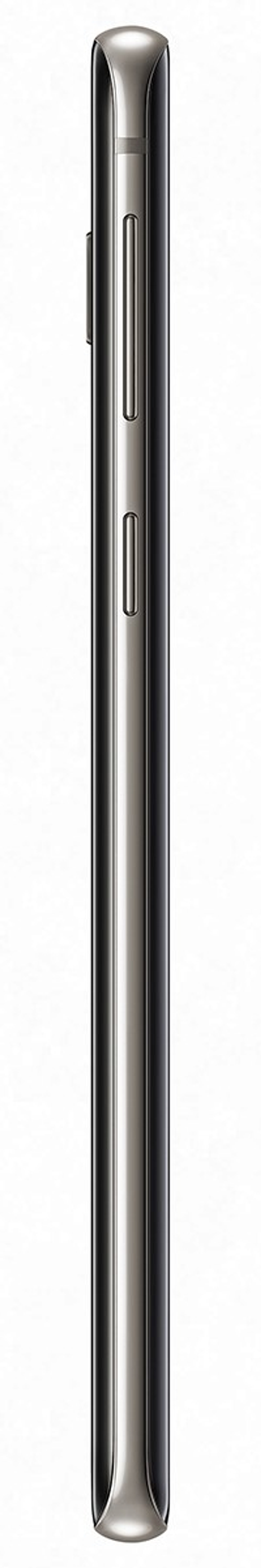 Widok z boku srebrnego telefonu z przyciskami, białe tło.