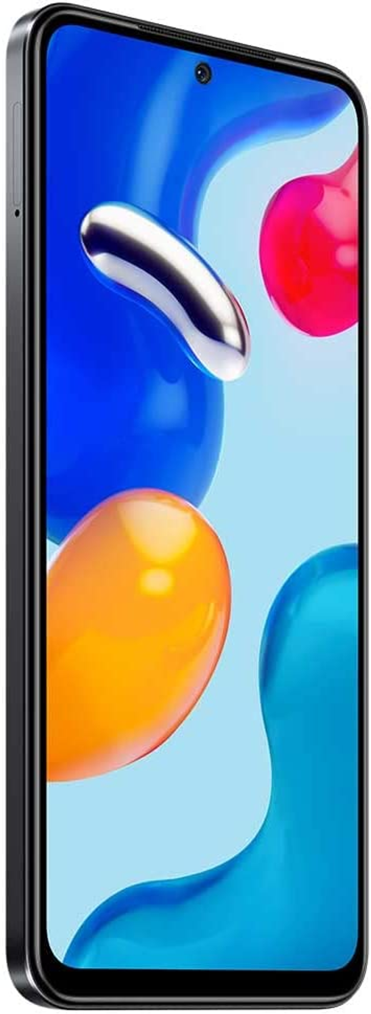 Ein Telefonbildschirm zeigt bunte abstrakte Formen auf hellblauem Hintergrund.