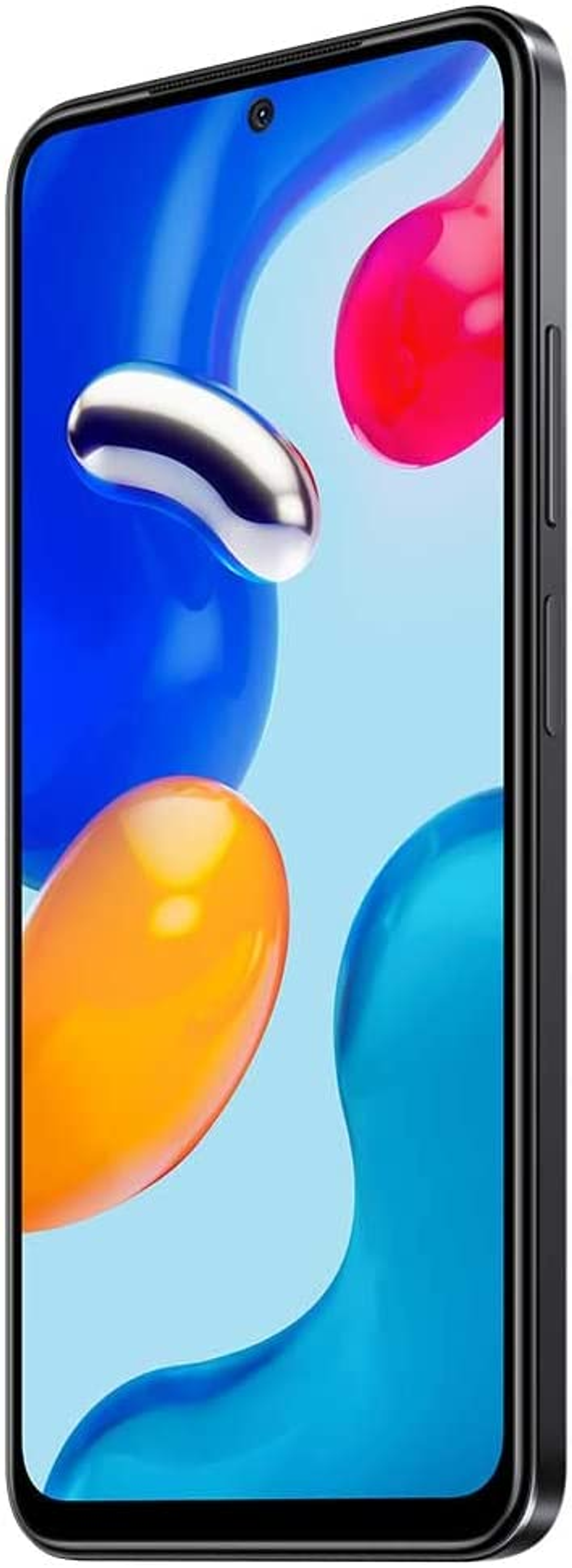 Ein schwarzes Smartphone mit blauem, orangefarbenem und weißem abstraktem Hintergrund, nach rechts abgewinkelt.