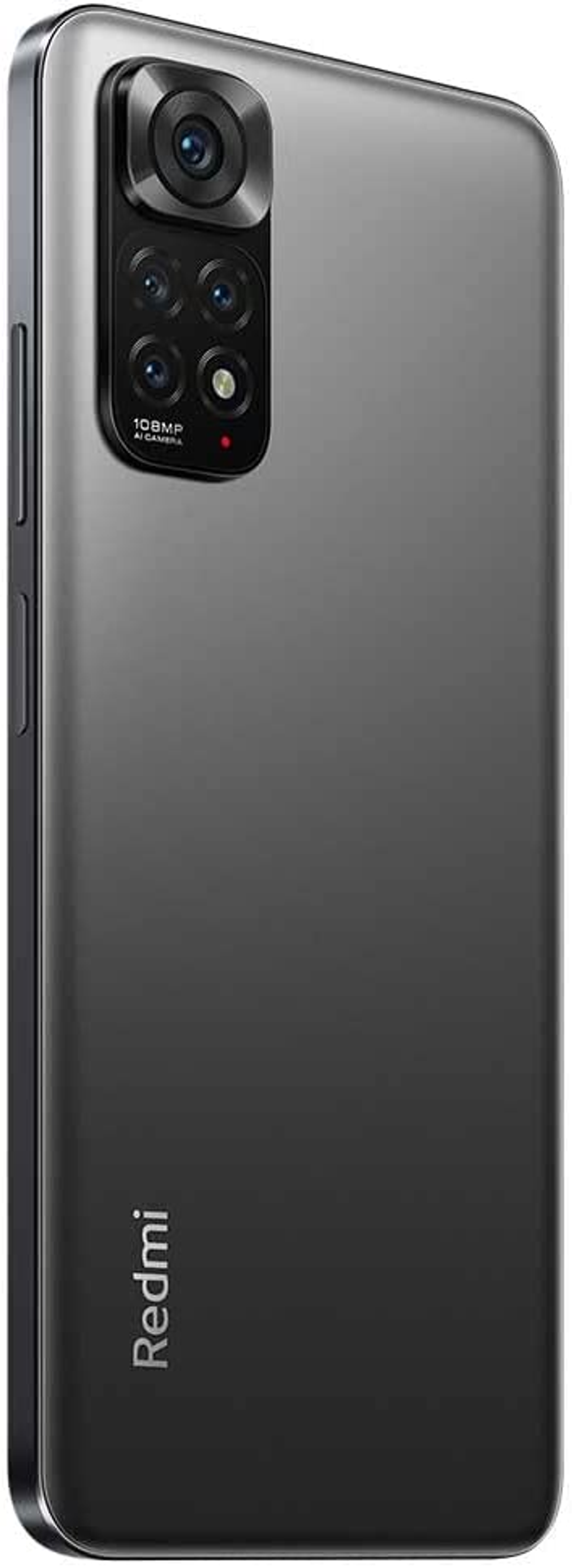 Schwarzes Telefon mit Dreifachkamera und Redmi-Logo.