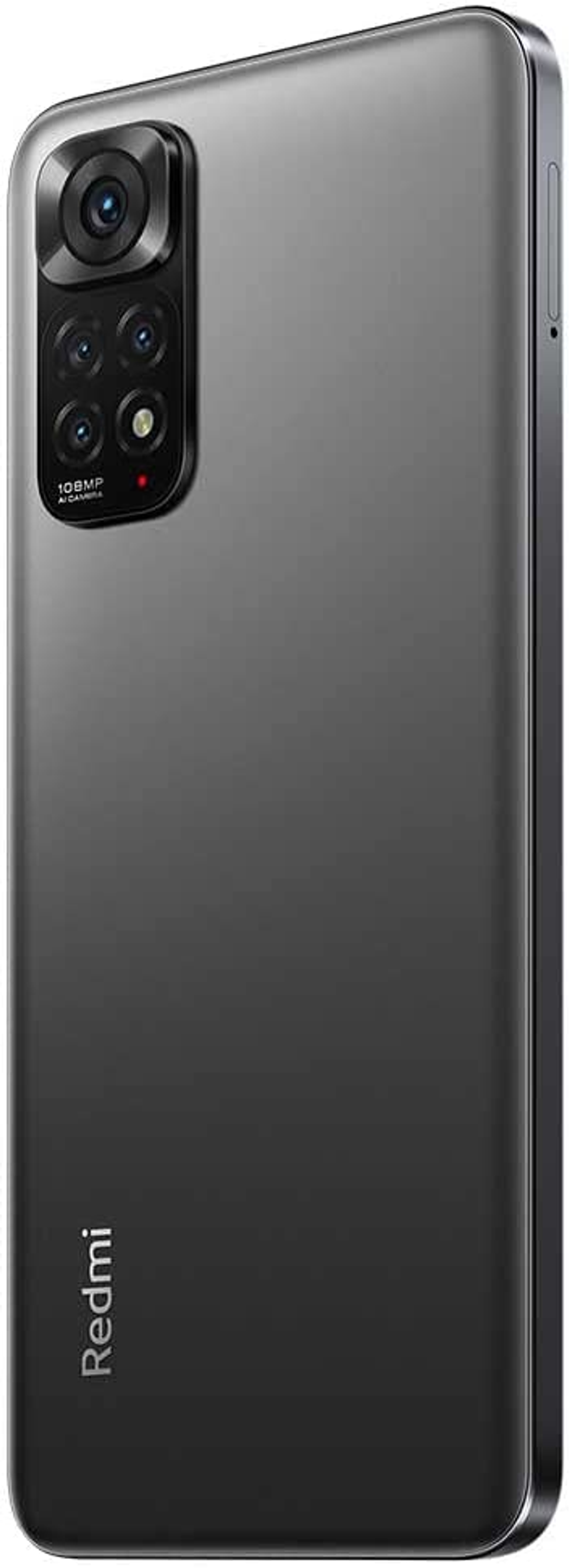 Dunkelgraue Smartphone-Rückseite mit Kameramodul und Redmi-Logo. Schwarze Kameralinsen.