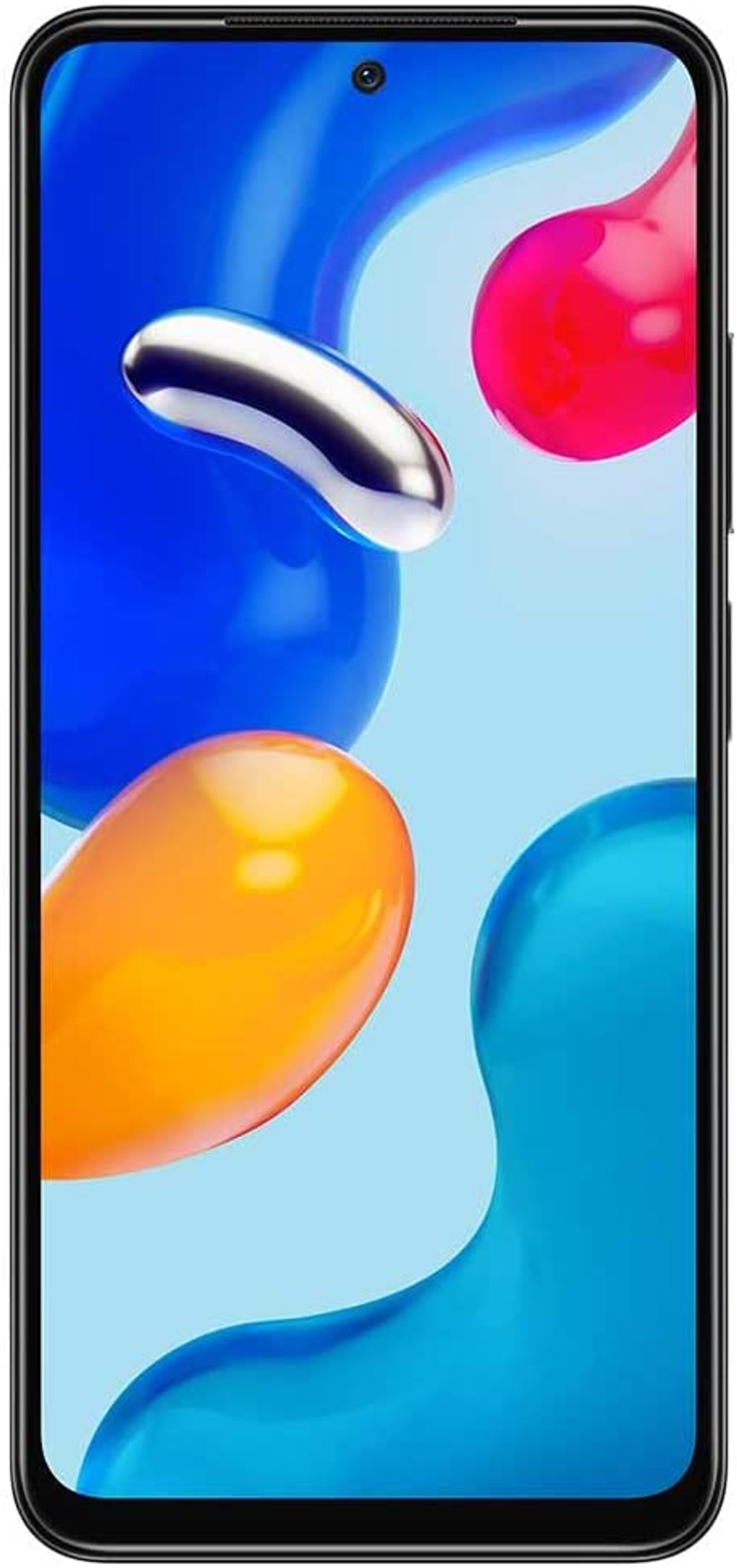 Smartphone mit abstrakten Formen in Blau, Orange und Rot auf hellblauem Hintergrund.