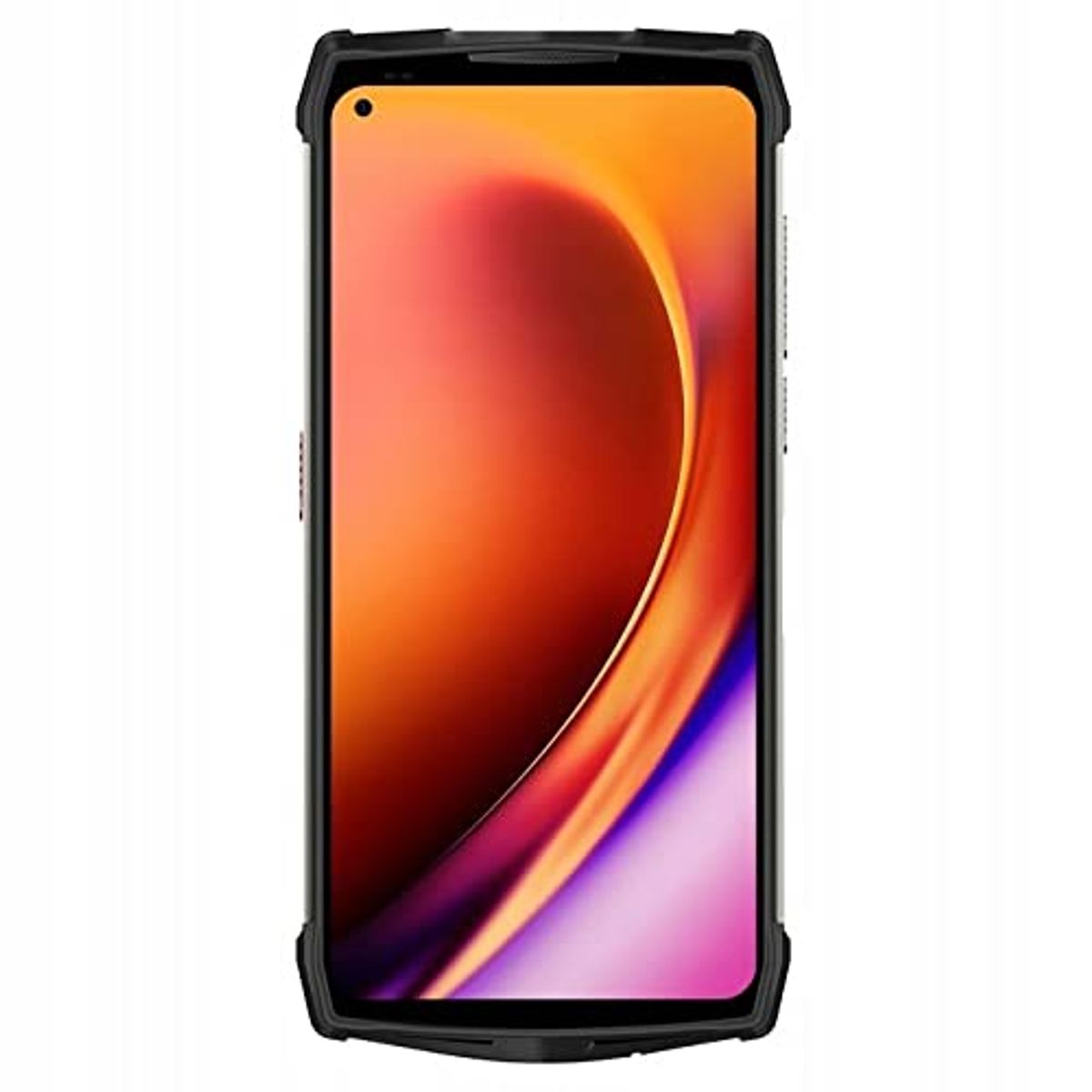 Vista frontale di uno smartphone nero robusto con schermo arancione e rosa.