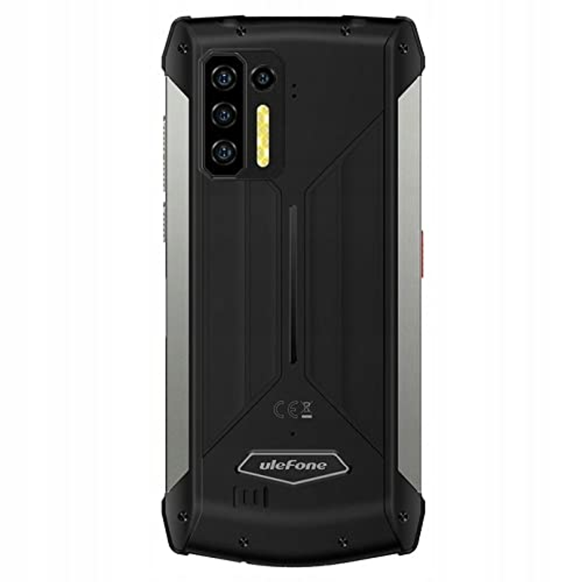 Retro di un telefono robusto Ulefone nero con tre fotocamere e un design strutturato.
