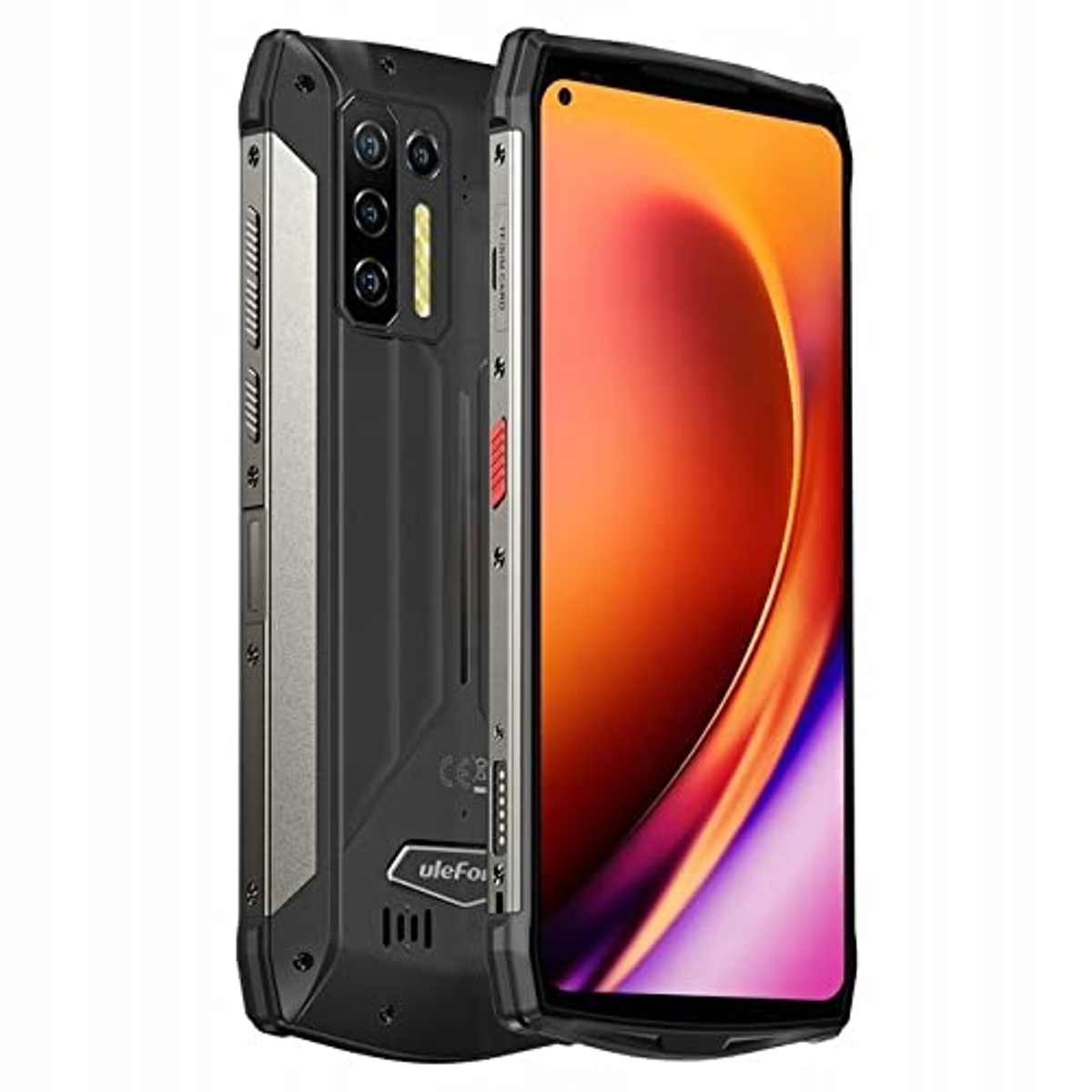 Smartphone nero e grigio robusto con tripla fotocamera, con schermo dal design arancione e viola.