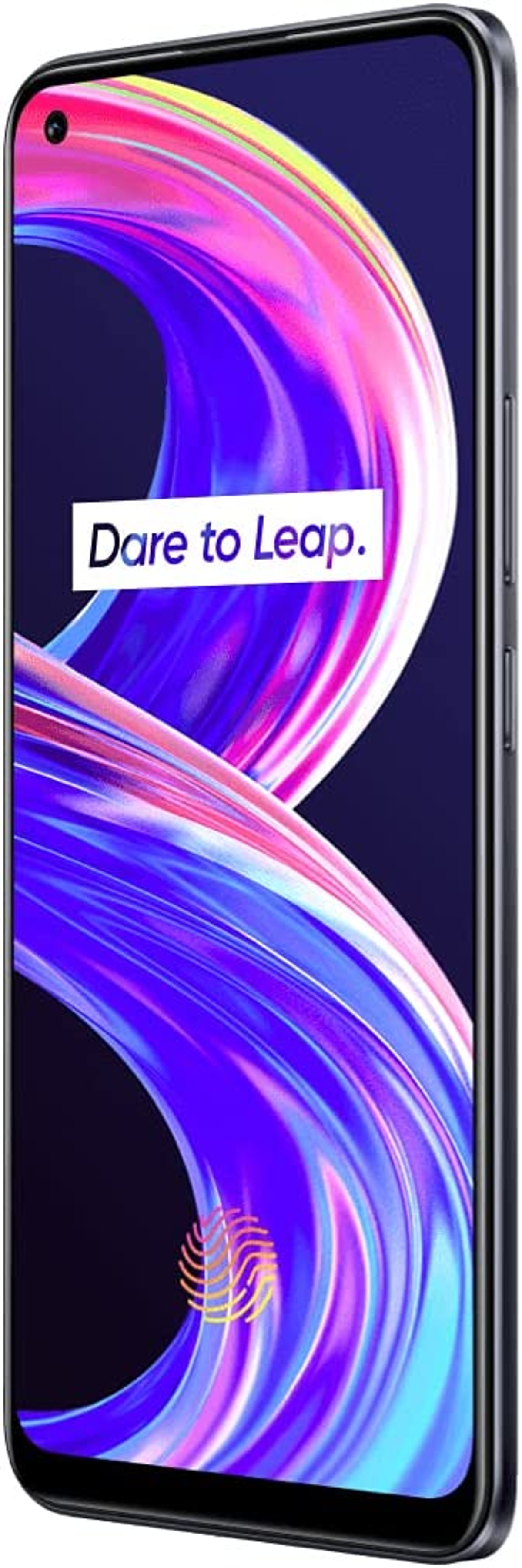 Smartphone mit farbenfrohem Display, zeigt 'Dare to Leap'. Fingerabdrucksensor unten sichtbar.