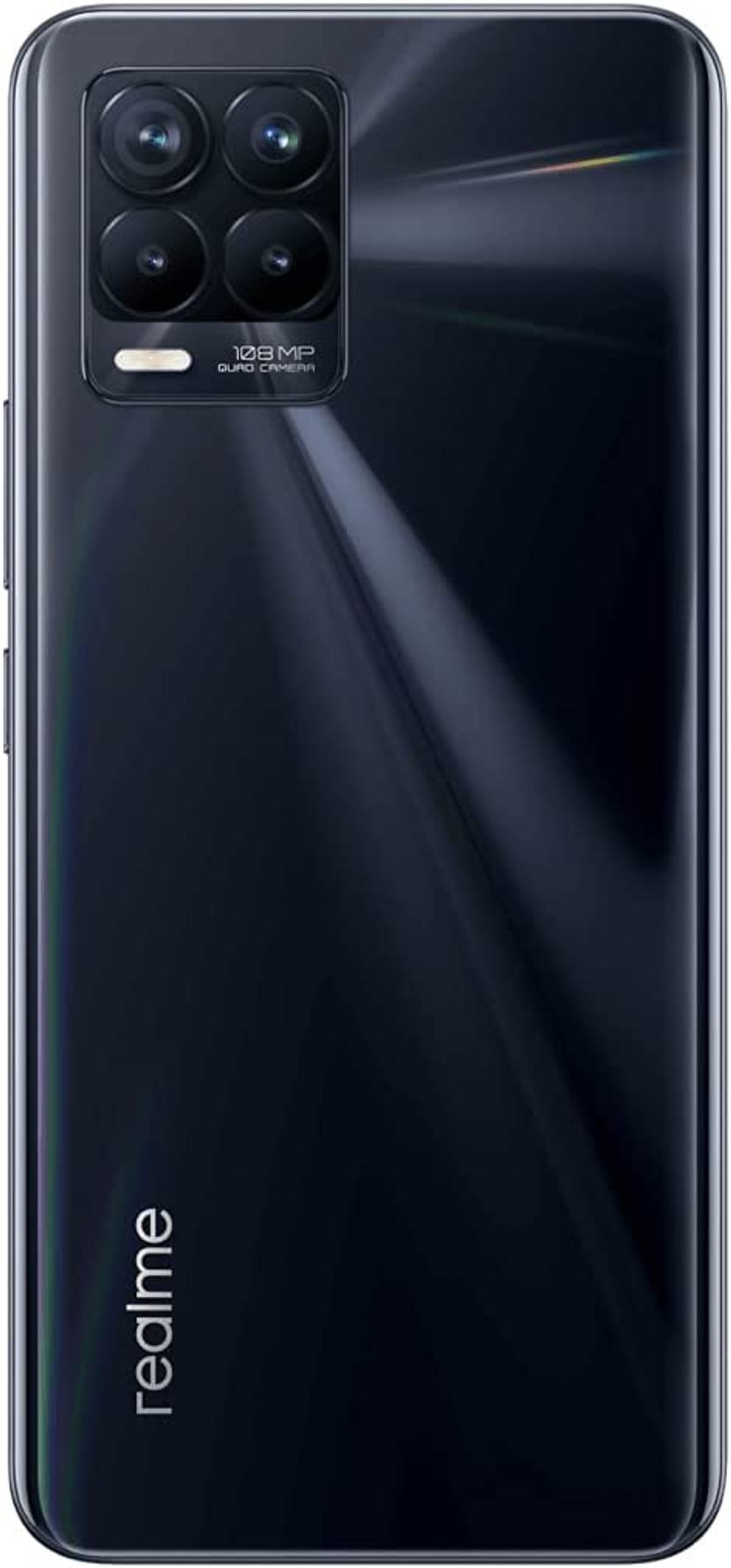 Ein schwarzes Realme-Telefon mit vier Rückkameras und der Aufschrift '108 MP Quad Camera'.