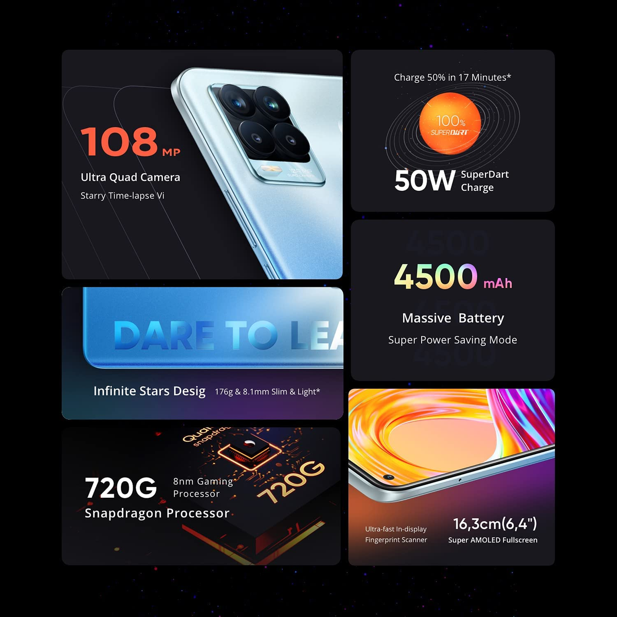 Smartphone-Spezifikationen: 108MP Kamera, Snapdragon Prozessor, 4500 mAh Akku, SuperDart-Ladung, AMOLED-Display.