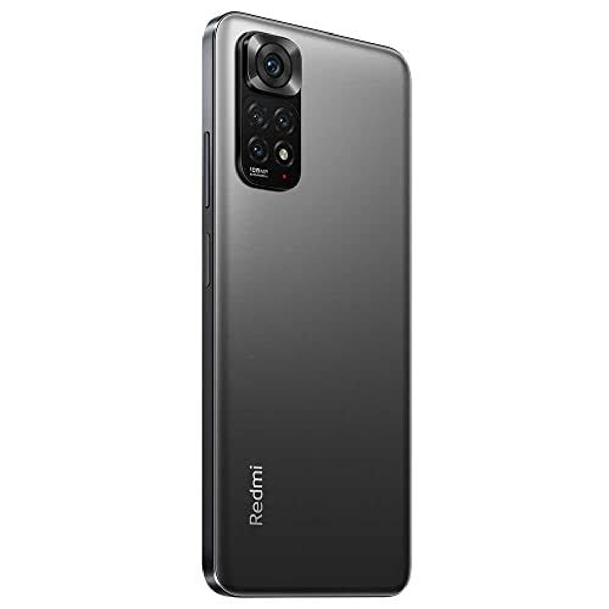 Una vista trasera de un smartphone gris oscuro con múltiples cámaras traseras y el logotipo de Redmi.