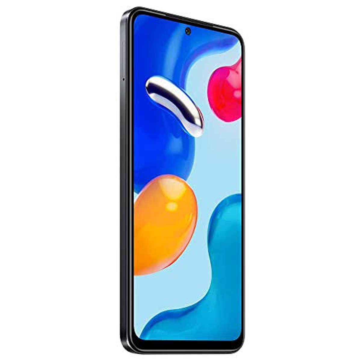 Smartphone con pantalla abstracta azul y roja con marco negro. Muestra una forma roja y amarilla.
