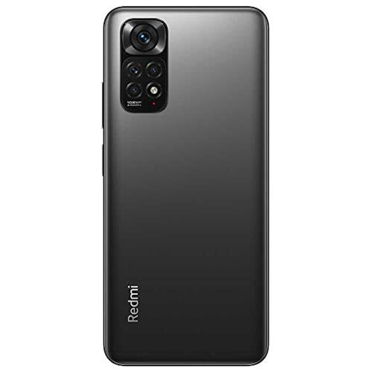 Parte trasera de un teléfono Redmi negro. Tiene un módulo de cámara y el logotipo Redmi.