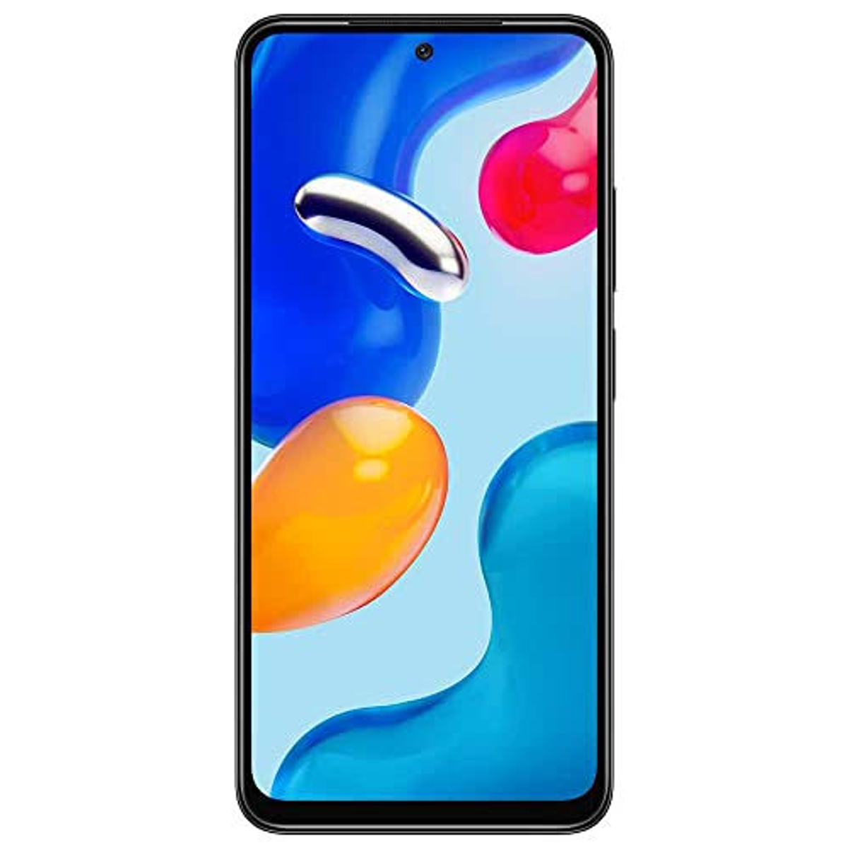 Pantalla de smartphone con formas abstractas en azul, naranja y rojo. Marco negro.