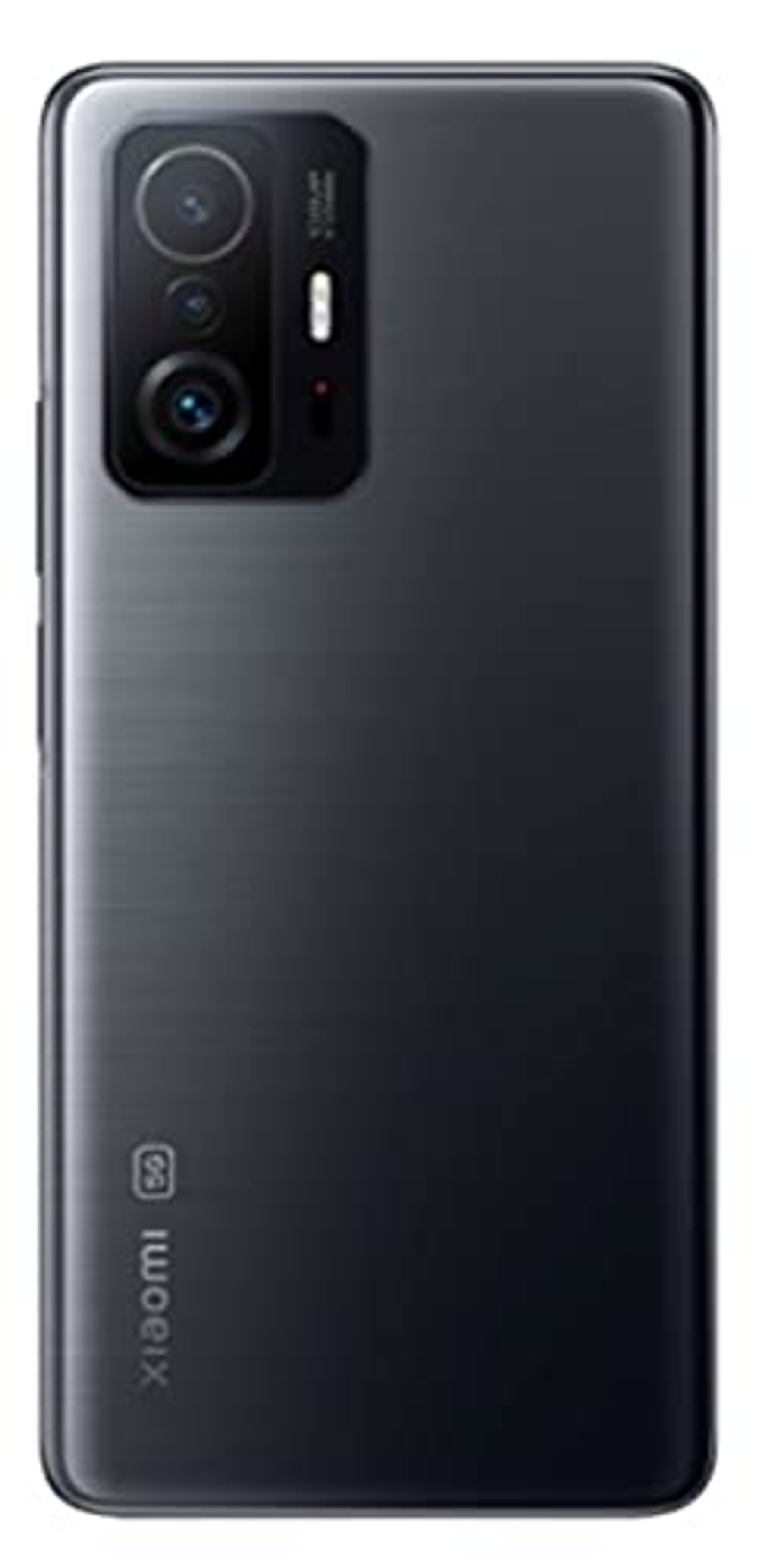 Rückseite eines dunkelgrauen Xiaomi-Telefons auf weißem Hintergrund.