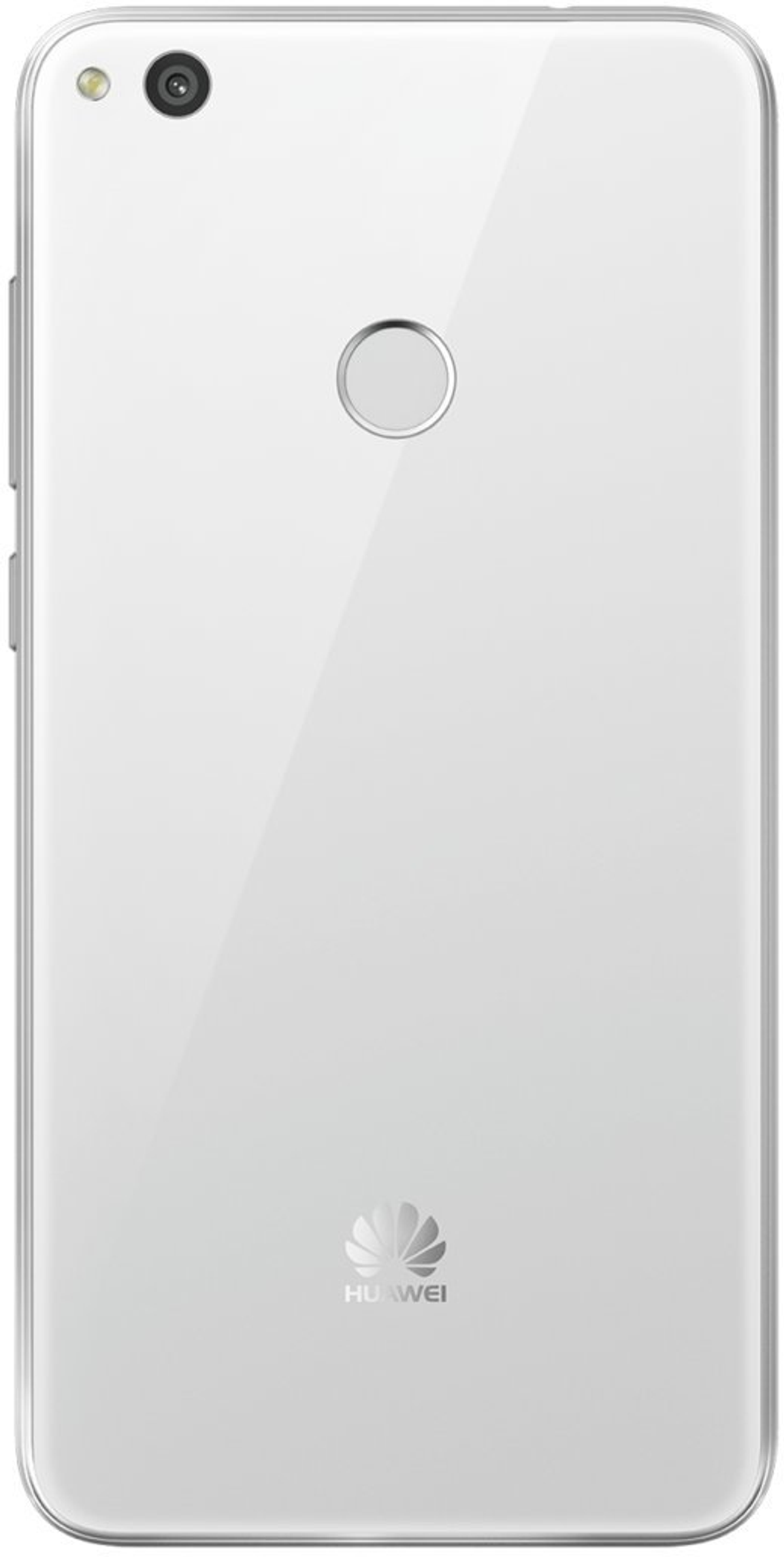 Weiße Smartphone-Rückseite mit Kamera und Fingerabdrucksensor, Huawei-Logo, weißer Hintergrund.