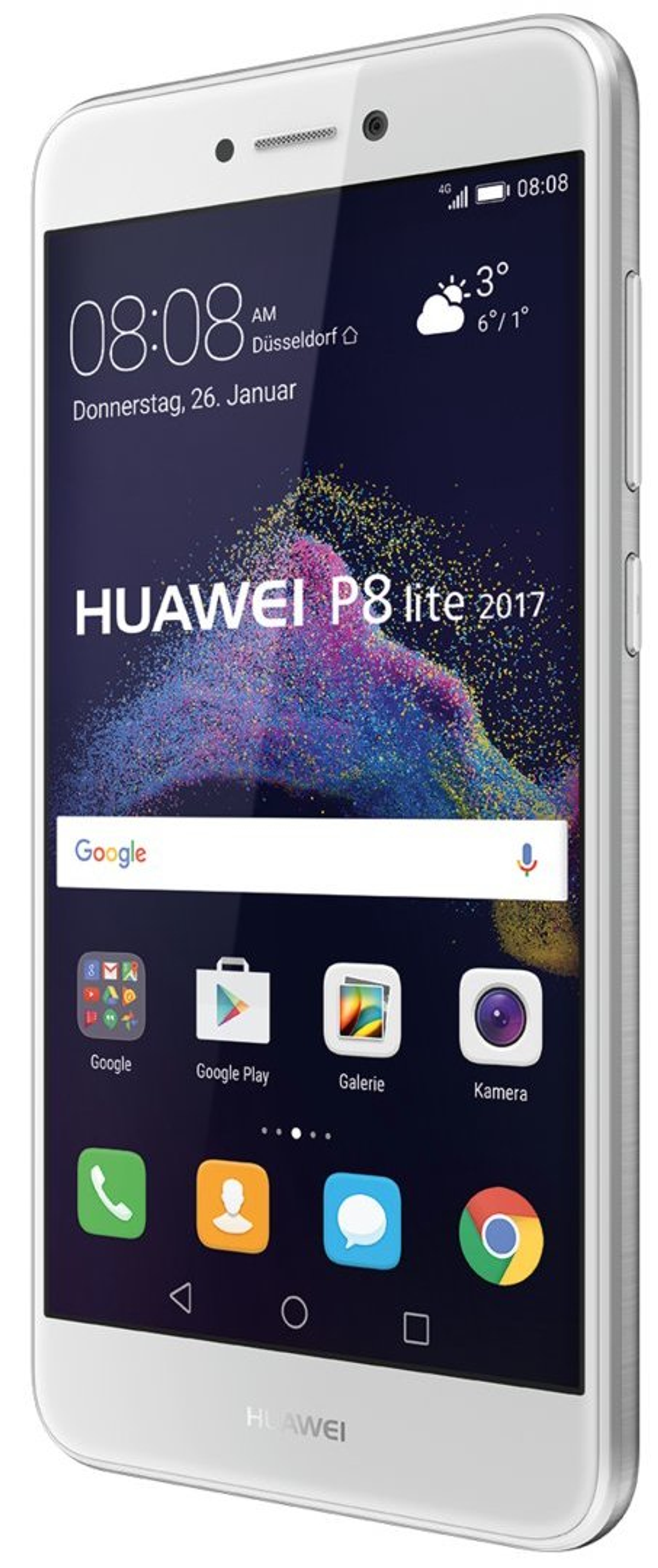 Ein weißes Smartphone, das die Uhrzeit und das Datum auf dem Bildschirm zusammen mit App-Symbolen und der Frontkamera zeigt.