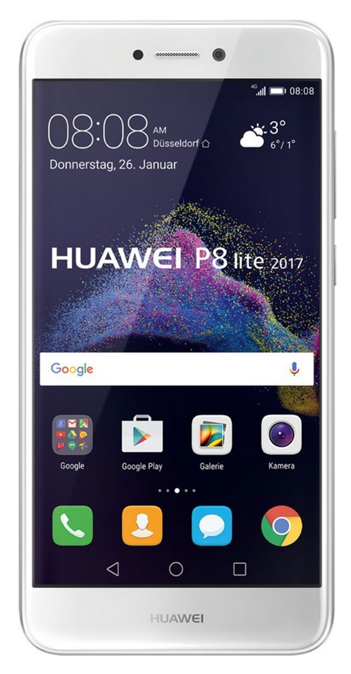 Weißes Huawei P8 Lite Smartphone mit Zeit- und Datumsanzeige auf dem Bildschirm.