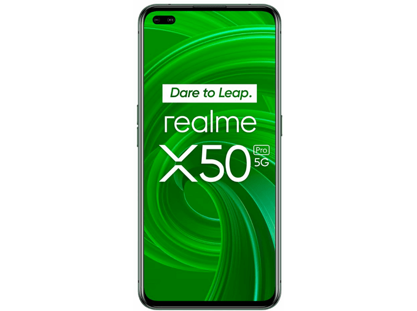 Schwarzes Smartphone mit grünem Farbverlauf. Das Display zeigt das Realme X50 Pro 5G Logo.