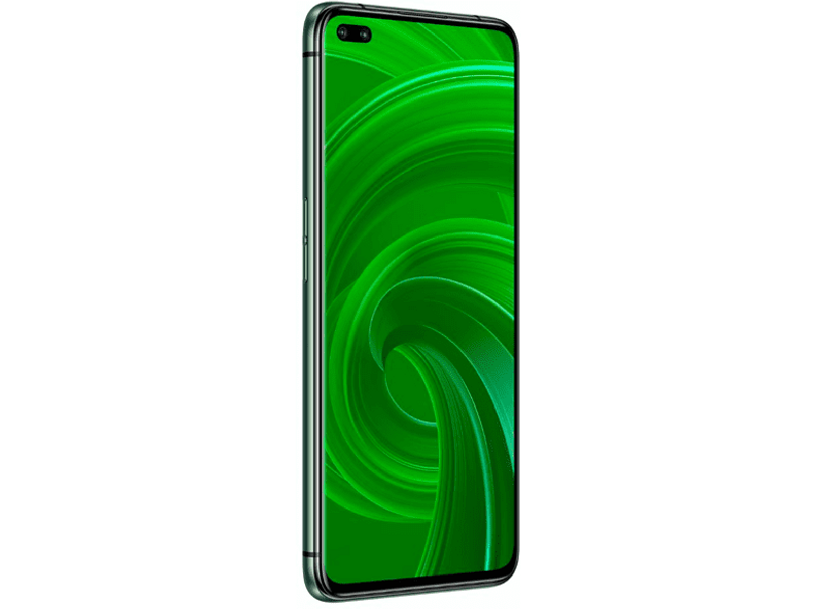 Seitenansicht eines grünen Smartphones, abgewinkelt, mit fließendem grünem Design auf dem Bildschirm.