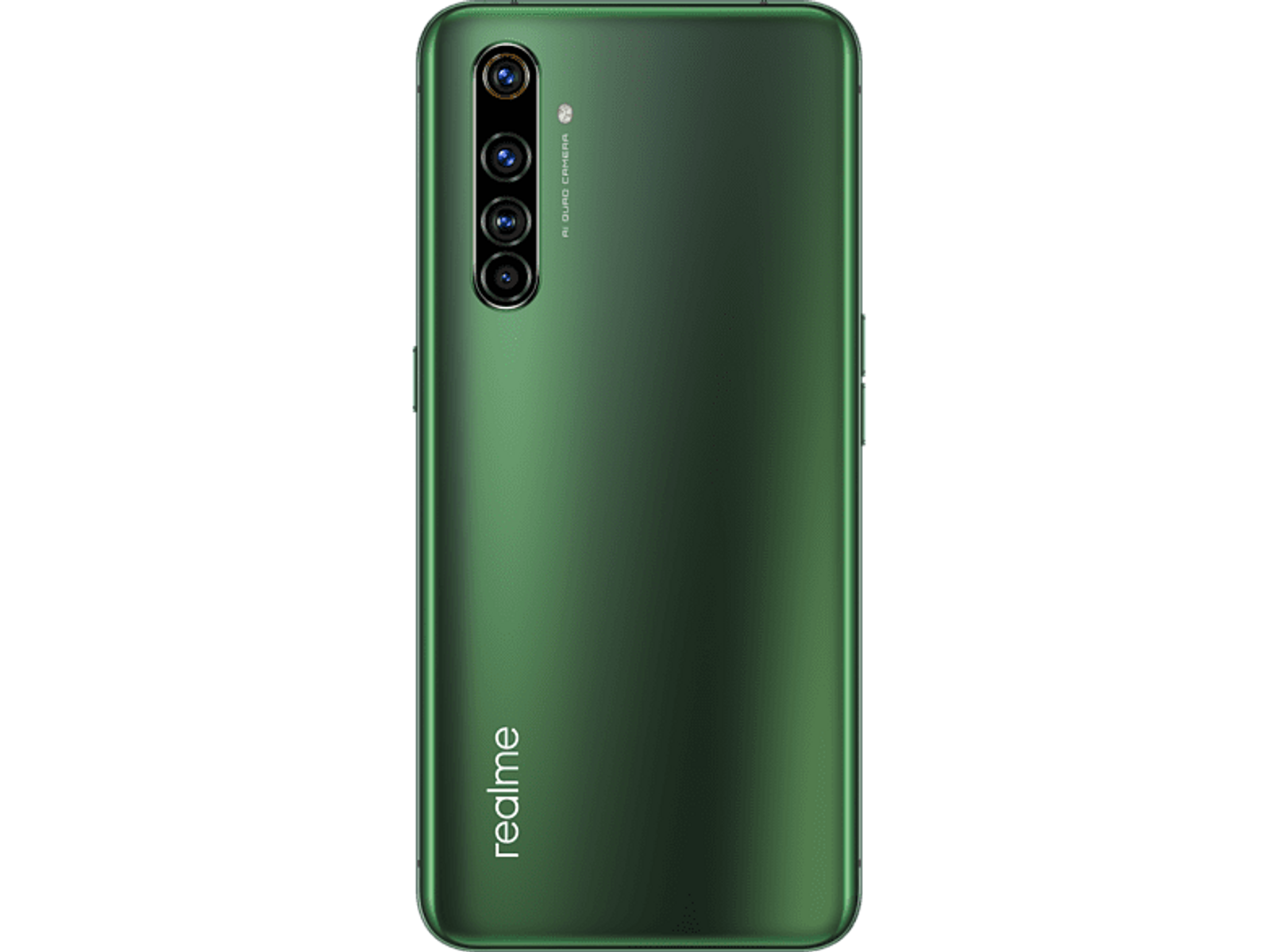 Grüne Smartphone-Rückseite mit Quad-Kamera-Anordnung, 'realme'-Logo.
