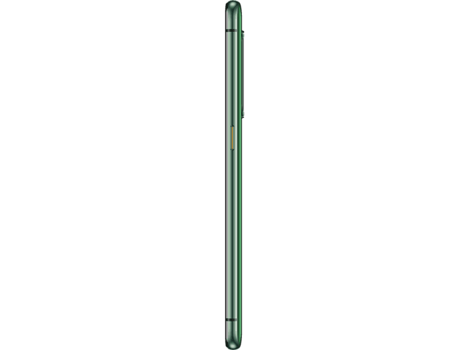 Grüne Smartphone-Seitenansicht. Ein-/Aus-Taste, Lautstärkeregler und eine goldfarbene Taste sind sichtbar.