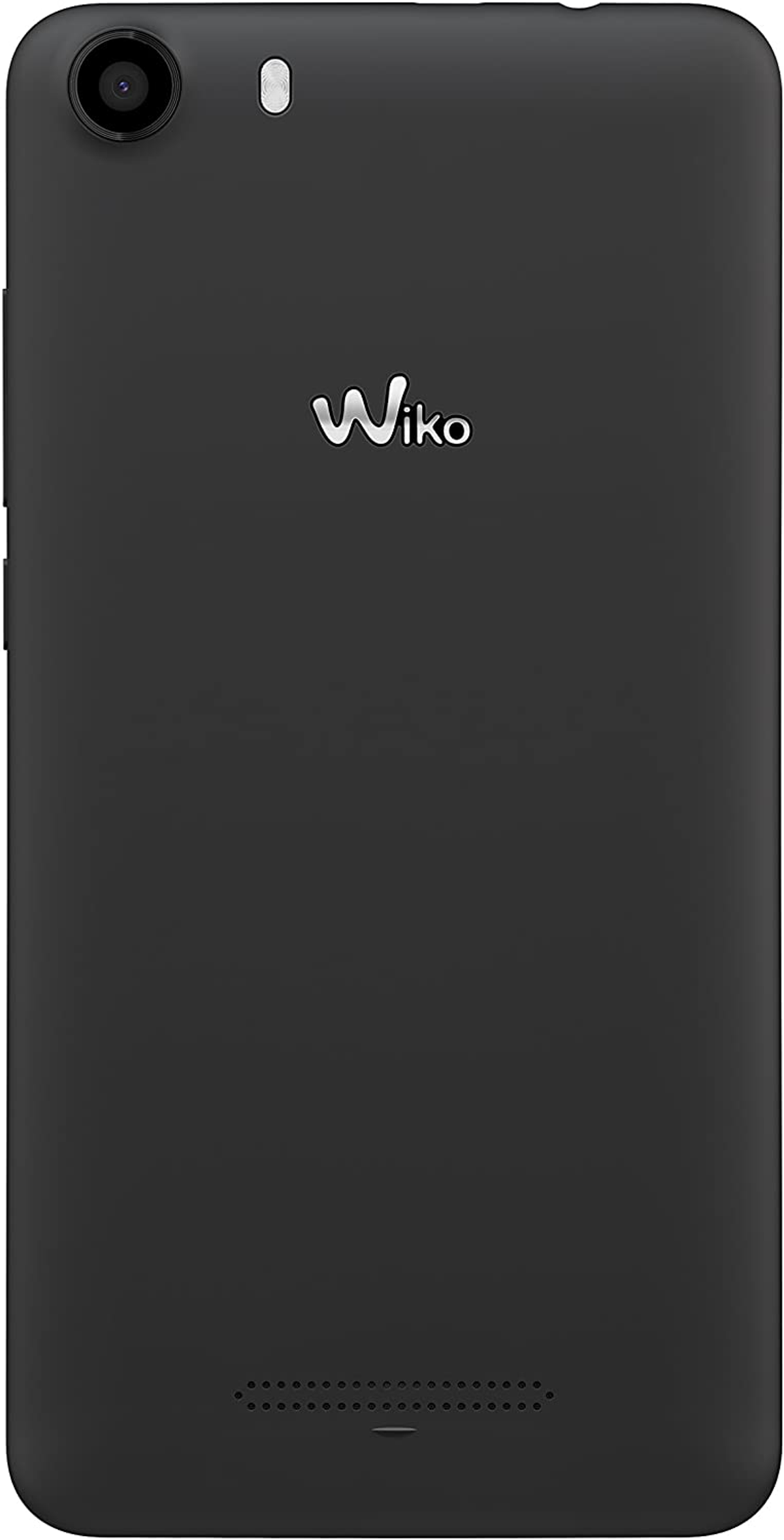 Rückansicht eines schwarzen Wiko-Telefons mit einer Kamera und dem Wiko-Logo oben.