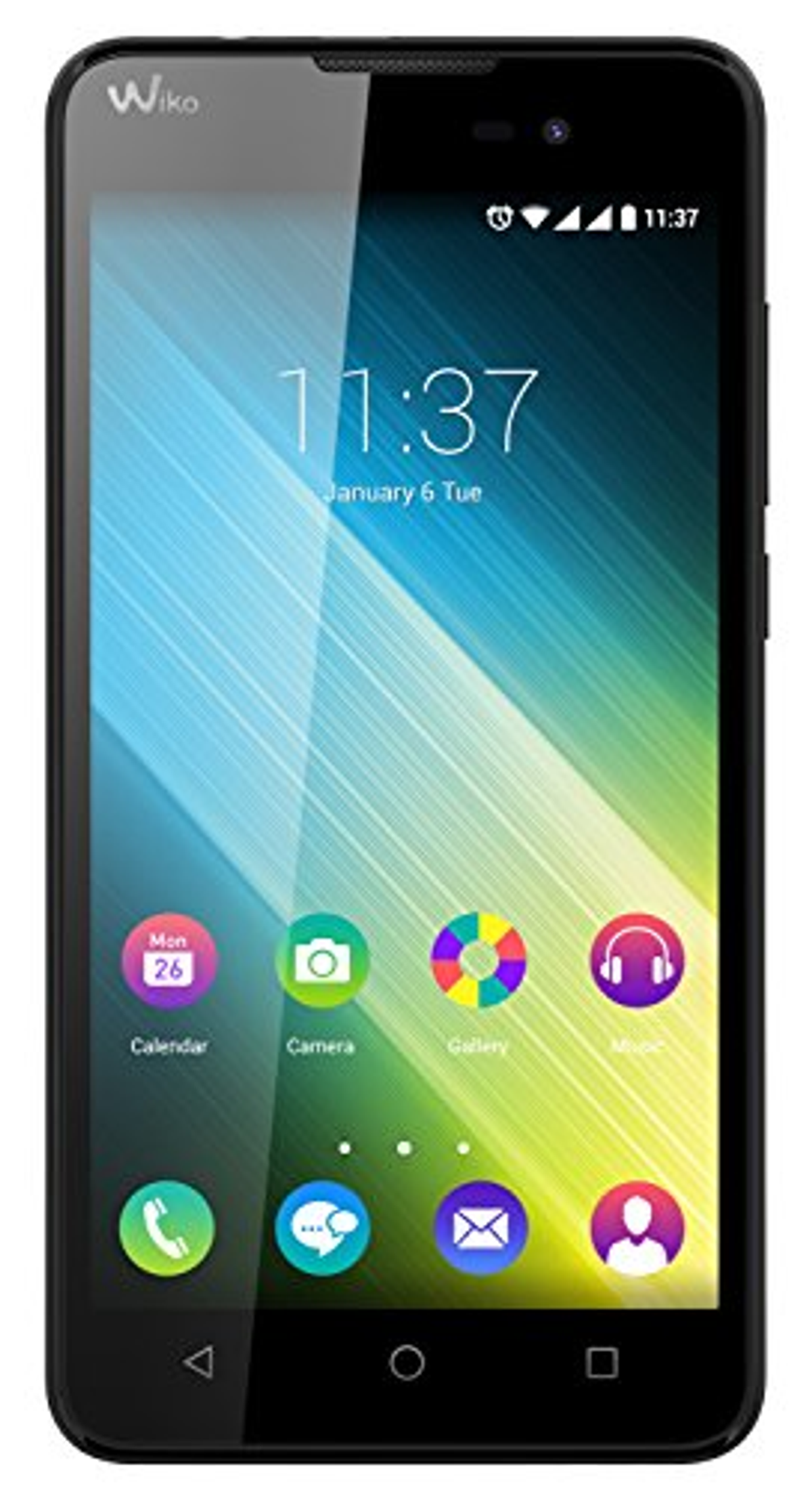 Ein schwarzes Smartphone mit farbenfrohem Display, das die Uhrzeit und Symbole anzeigt.