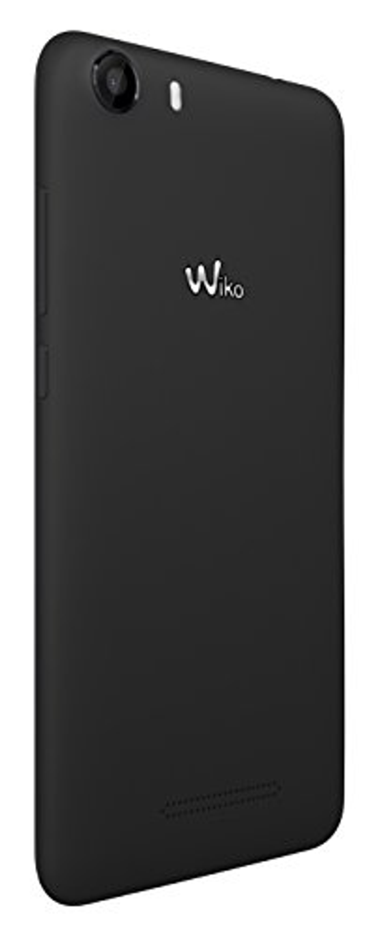 Schwarzes Wiko-Telefon in einem Winkel, das die Rückseite und das Seitenprofil zeigt. Kamera und Wiko-Logo sind sichtbar.